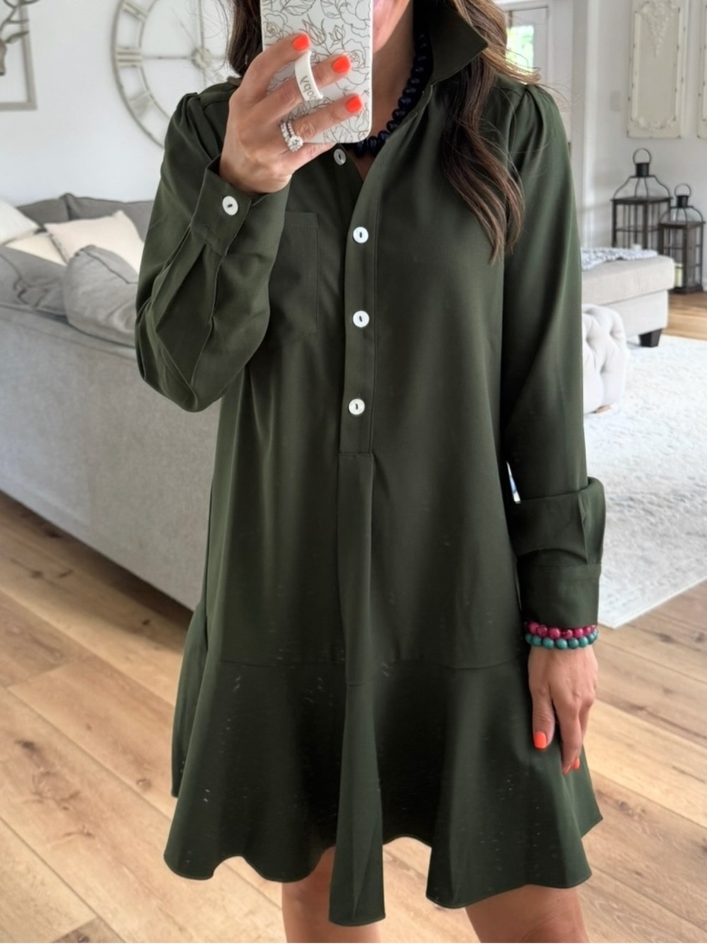 Classic Olive Green Shirt Dress - Women's Casual Button-Up🌻